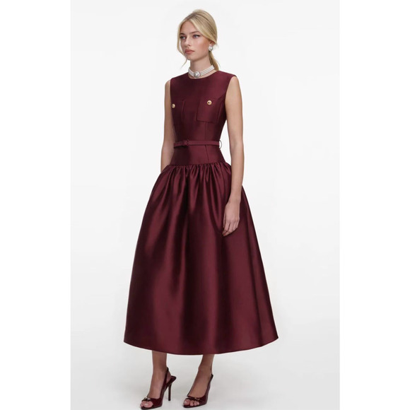 Self-Portrait Burgundy Taffeta Midi Dress US 6 - Picture 3 of 12